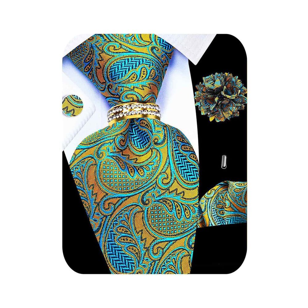 7256 5PCS Teal Gold Paisley Tie Pocket Square , Silk Necktie